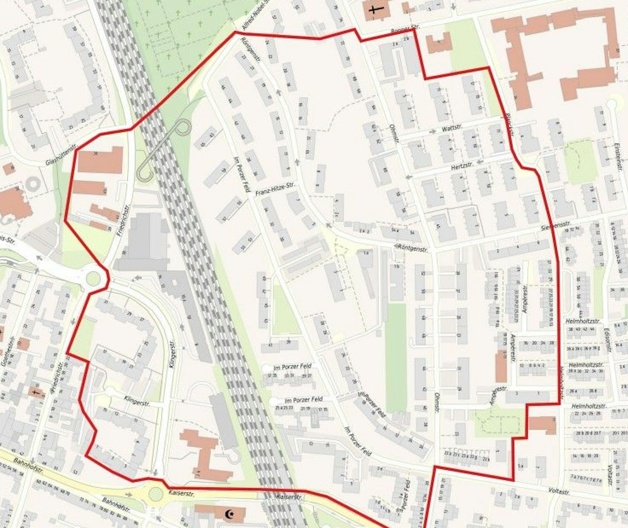 Eine Fliegerbombe ist am 18. September an der Röntgenstraße gefunden worden. Die Karte zeigt den Evakuierungsbereich in Köln-Porz.