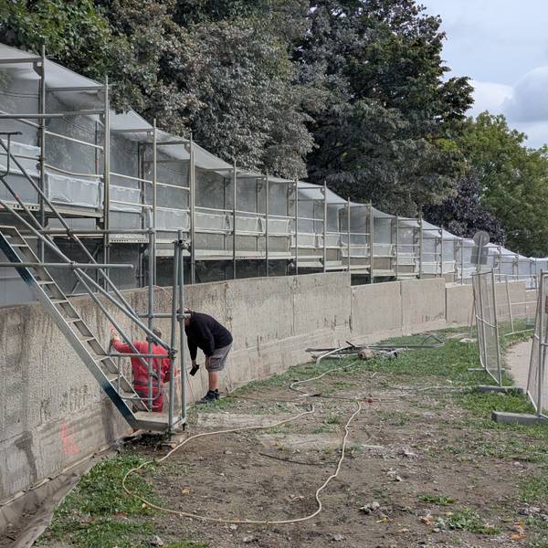 Das Foto zeigt die eingerüstete und teilweise mit Plastikplanen verhüllte Mauer.