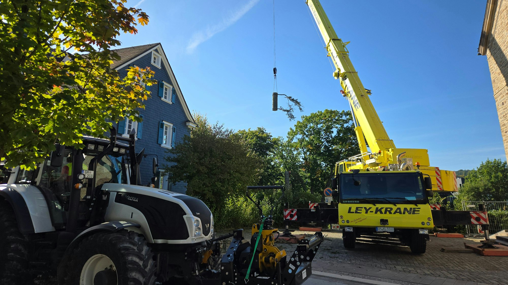 Ein Kran trägt ein Stück Baumstamm.