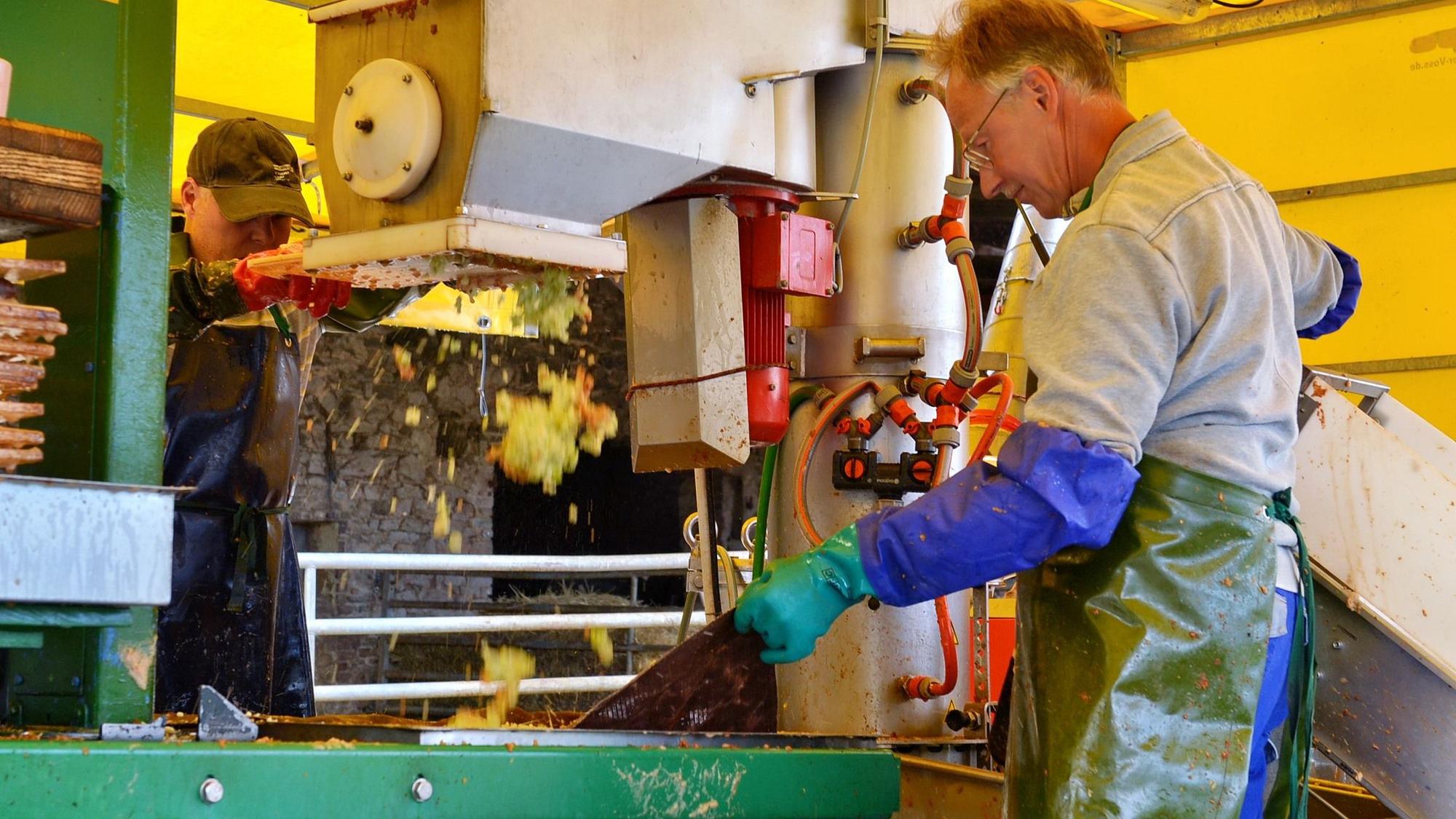 Zwei Männer stehen an einer Presse, die Äpfel zu Saft verarbeitet.