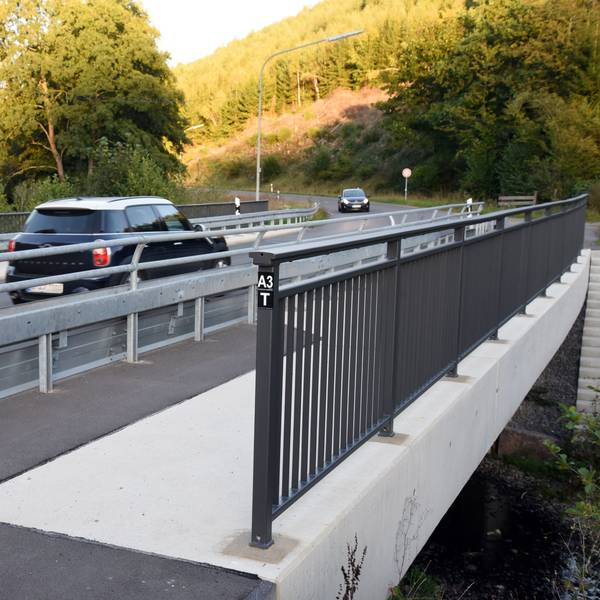 Ein Auto fährt über eine Brücke.