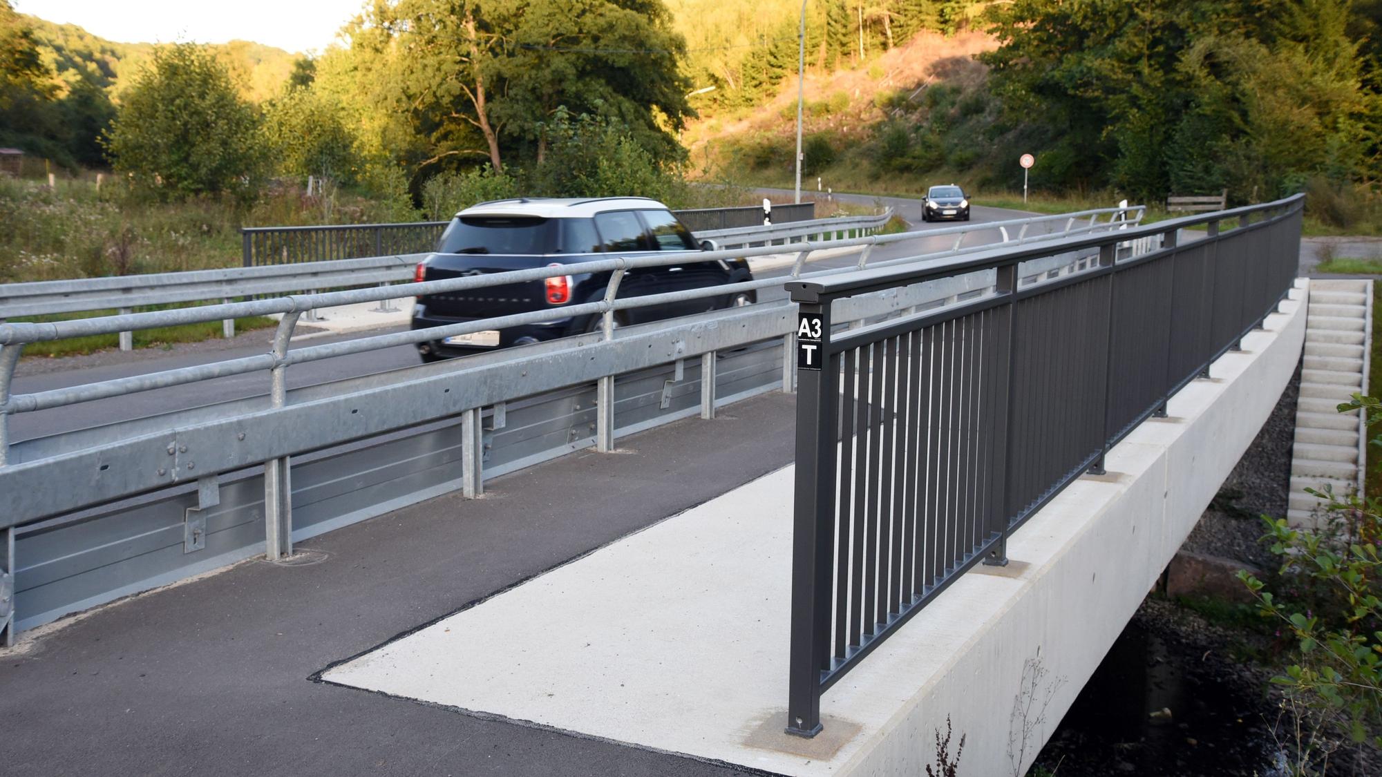 Ein Auto fährt über eine Brücke.