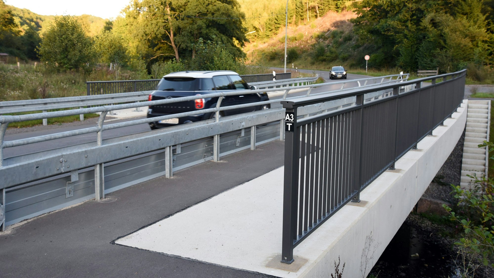 Ein Auto fährt über eine Brücke.