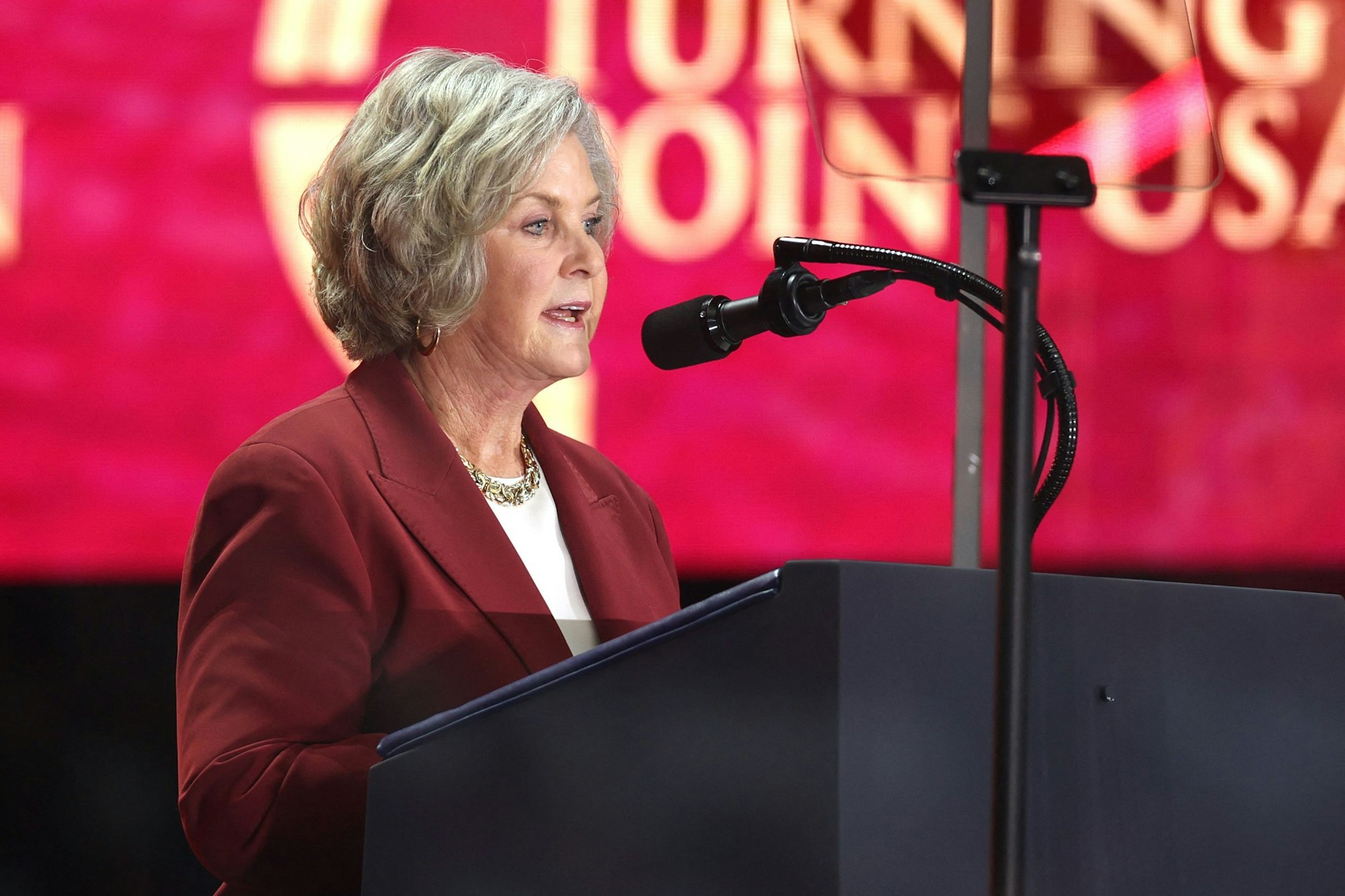 Die Stabschefin des Weißen Hauses, Susie Wiles, steht vor einem Mikro.