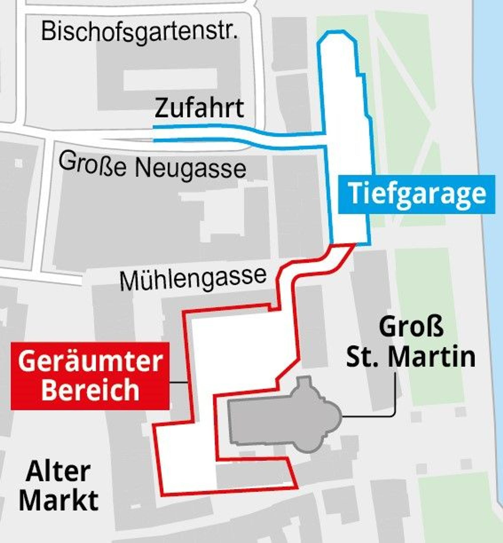 Die Grafik zeigt die Lage der Tiefgarage an Groß St. Martin in Köln. Der rot markierte Bereich wurde wegen statischer Mängel geräumt.