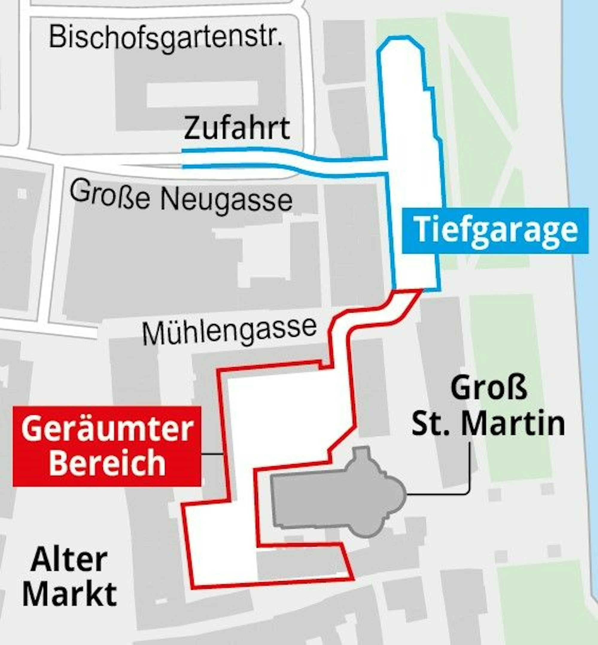Die Grafik zeigt die Lage der Tiefgarage an Groß St. Martin in Köln. Der rot markierte Bereich wurde wegen statischer Mängel geräumt.