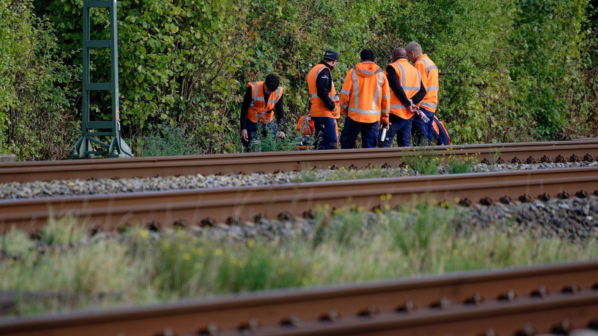 Bahn-Mitarbeiter stehen am Rand der Strecke Köln-Düsseldorf.