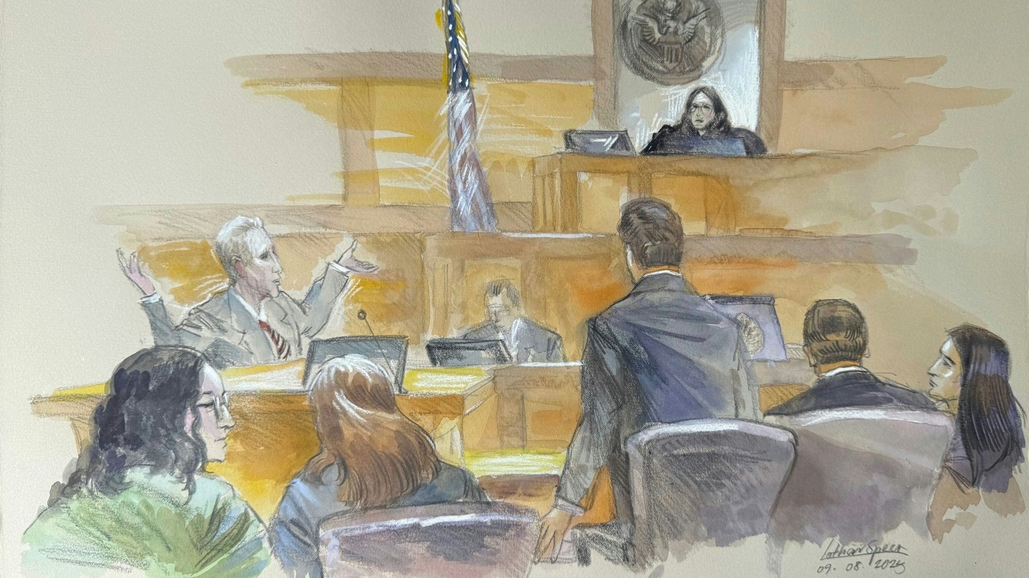 Diese Gerichtszeichnung zeigt den Angeklagten (l), wie er frustriert seine Arme in Richtung der US-Bezirksrichterin ausstreckt.