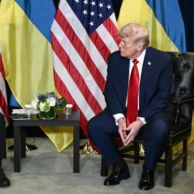 US President Donald Trump holds a bilateral meeting with Ukraine's President Volodymyr Zelensky on the sidelines of the United Nations General Assembly in New York City on September 23, 2025. (Photo by Brendan SMIALOWSKI / AFP)