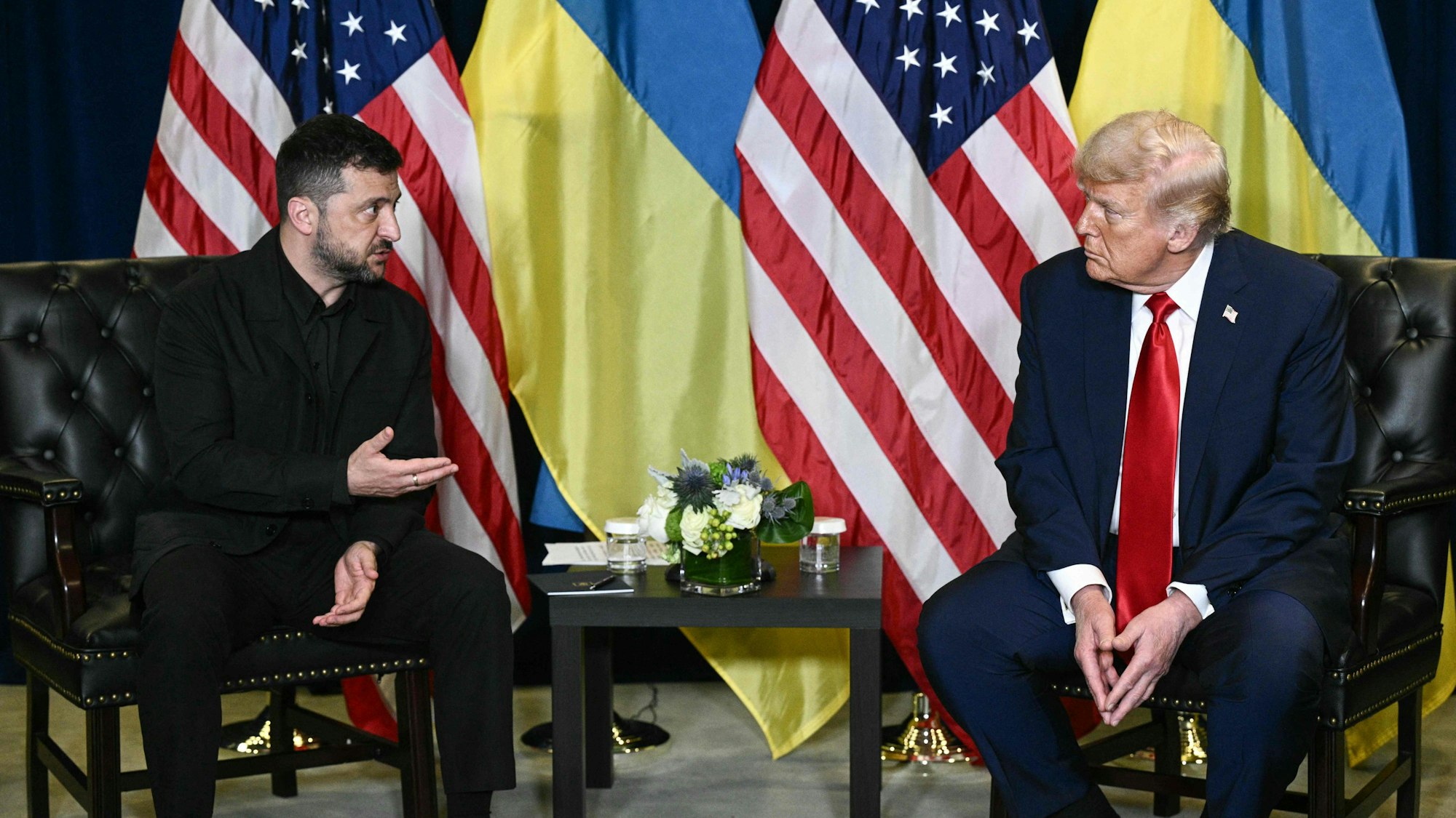 US President Donald Trump holds a bilateral meeting with Ukraine's President Volodymyr Zelensky on the sidelines of the United Nations General Assembly in New York City on September 23, 2025. (Photo by Brendan SMIALOWSKI / AFP)