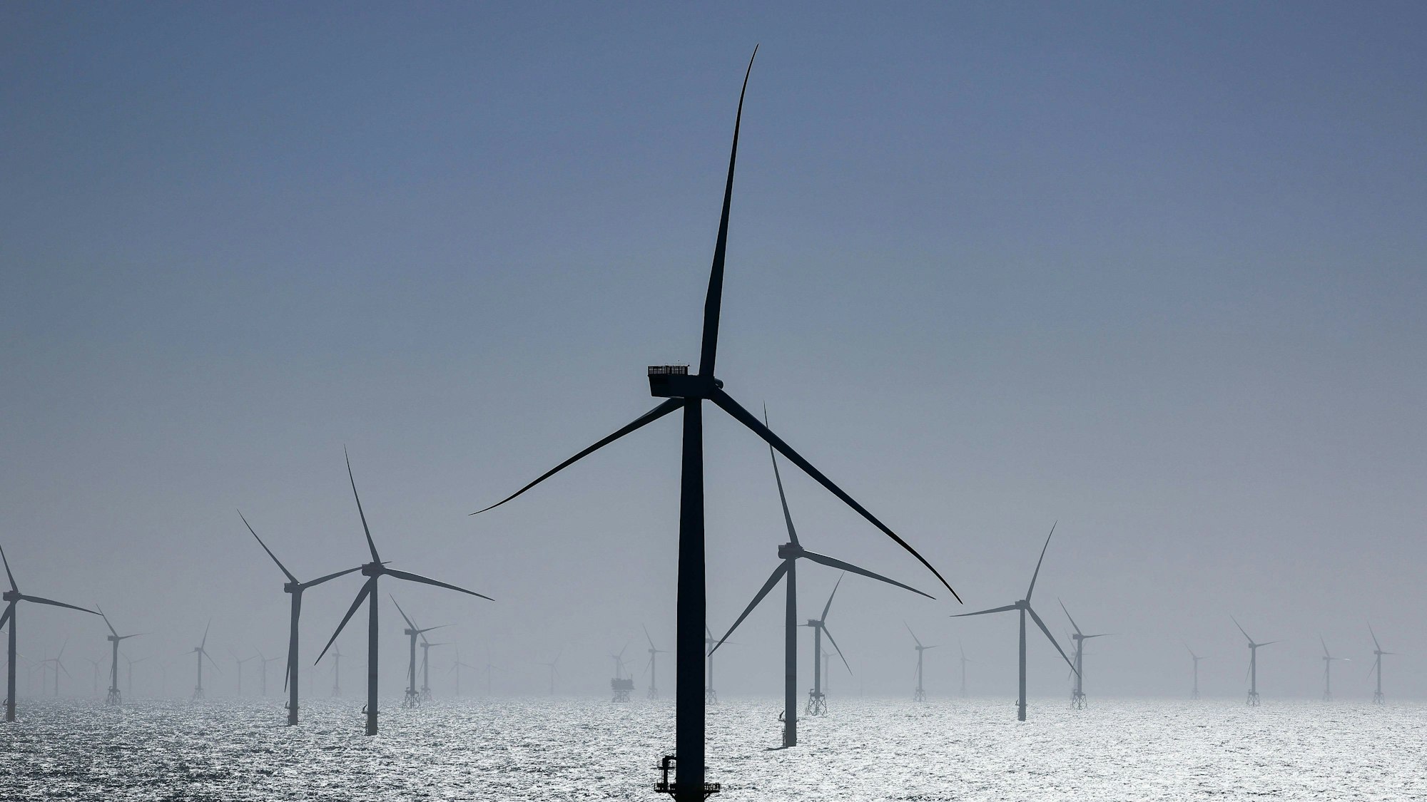 Zahlreiche Windräder sind rund 35 Kilometer nördlich der Insel Helgoland zu sehen.