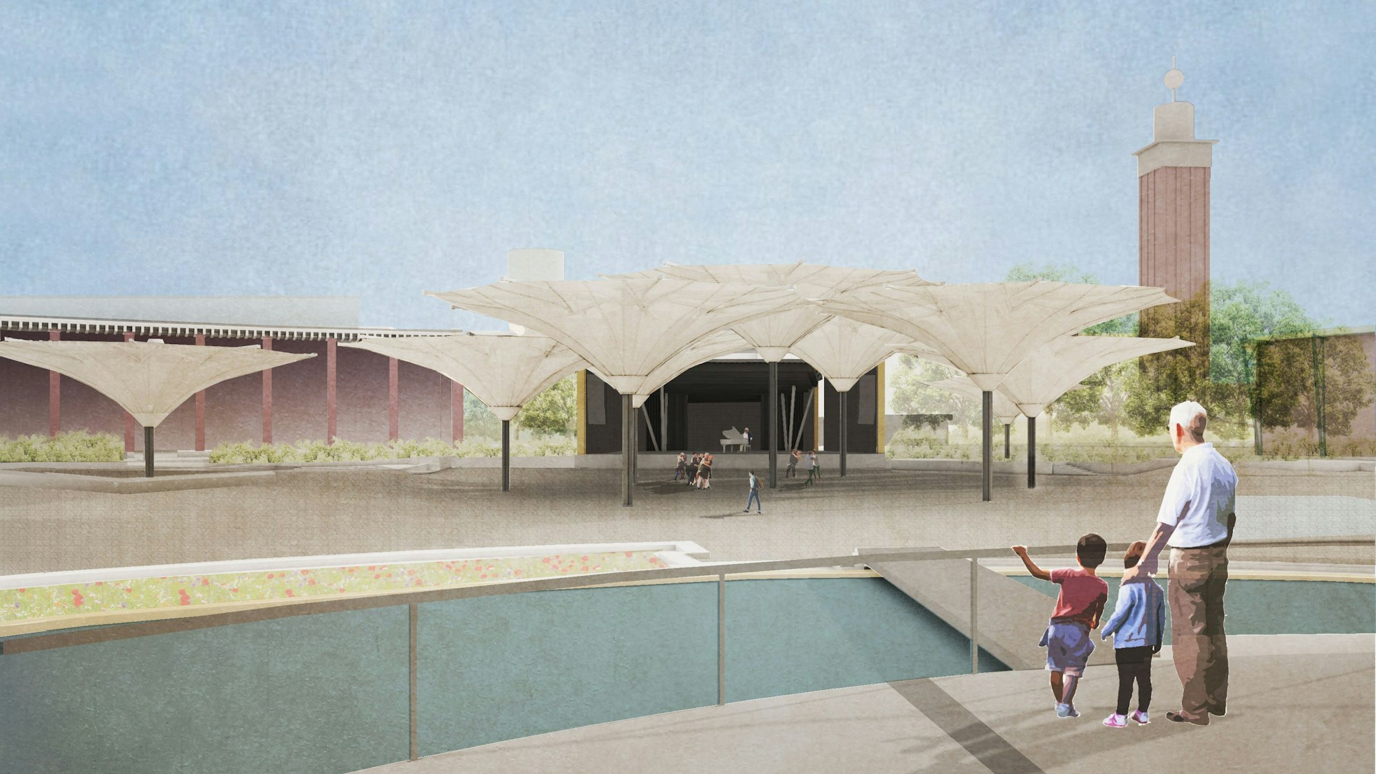 Der Tanzbrunnen nach der Renovierung: Die charakteristischen Schirme bleiben, werden aber erneuert.