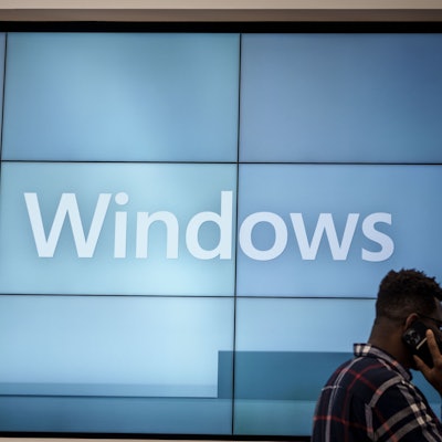 Das Logo von Windows von Microsoft, aufgenommen im Shop an der 5th Avenue in Manhatten.