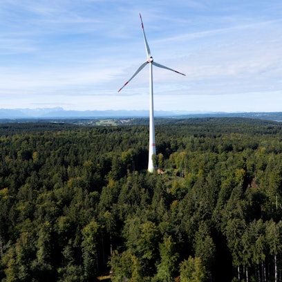 Ein Windrad ist während der Vorstellung von einem Pilotprojekt für die Begrünung von Windenergiestandorten zu sehen.
