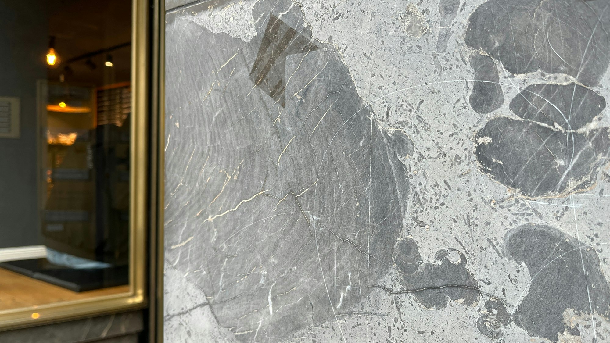 Dunkel setzen sich versteinerte Schwämme in der Wand des Café reys ab.