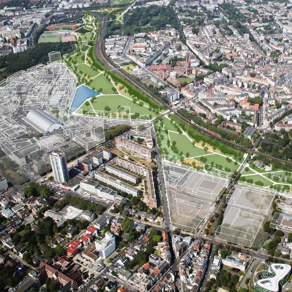 Die Planung für die Parkstadt Süd sieht einen durchgängigen Grüngürtel bis zum Rhein vor. Oben links ist das Fortuna-Gelände zu sehen mit dem Ascheplatz, der umgebaut werden soll. Westlich des Südstadions sind der Sporthof und die Kleinspielfelder vorgesehen.
