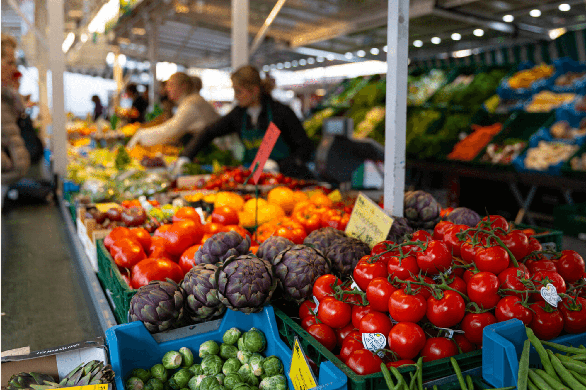 Das Bild zeigt einen bunten Marktstand mit frischem Gemüse wie Tomaten, Artischocken, Rosenkohl und Paprika. Im Hintergrund bedienen Händlerinnen die Kundschaft.
