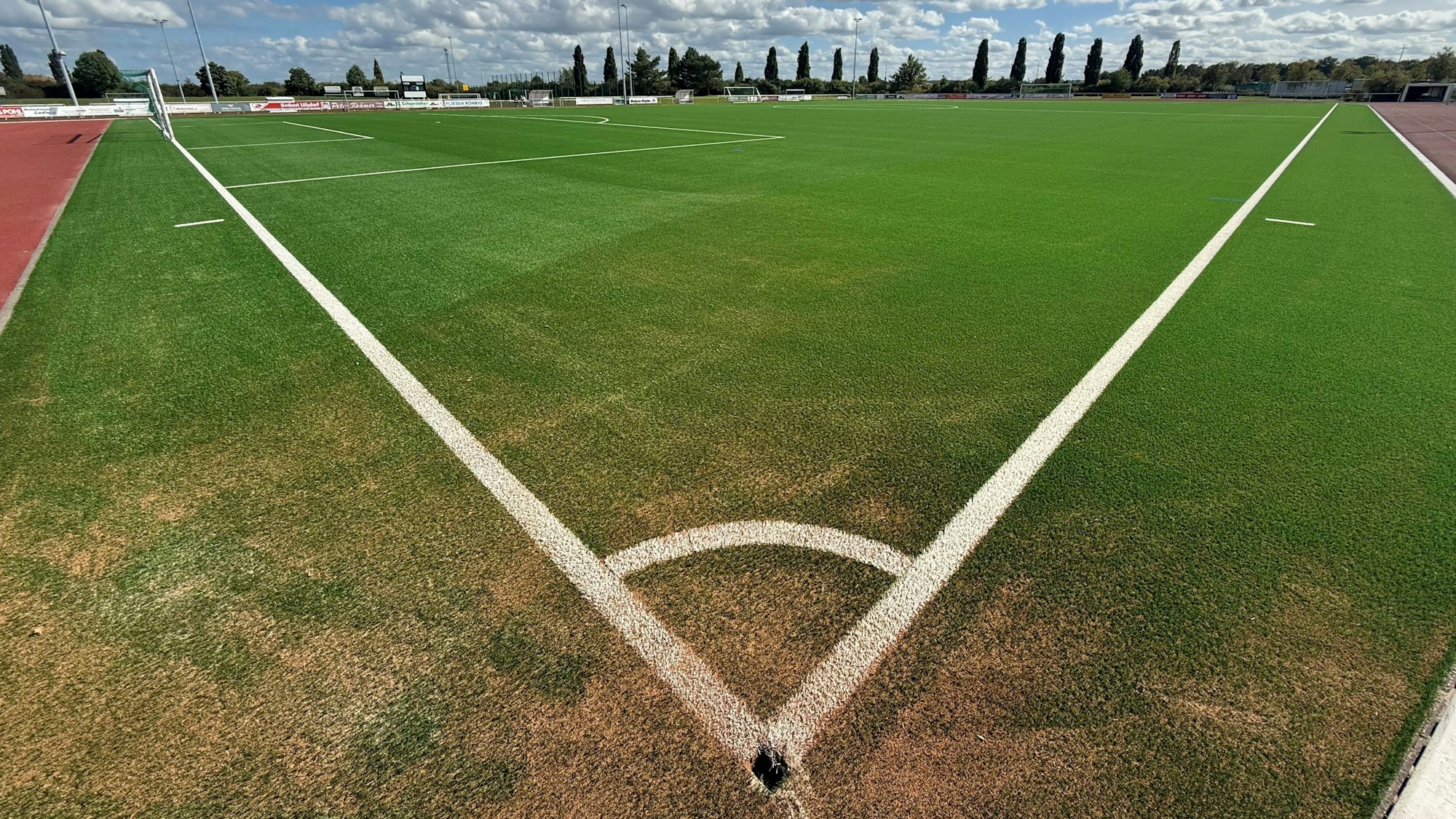 Der neue Kunstrasenbelag im Sportpark Süd sieht nach frischem Grün aus.