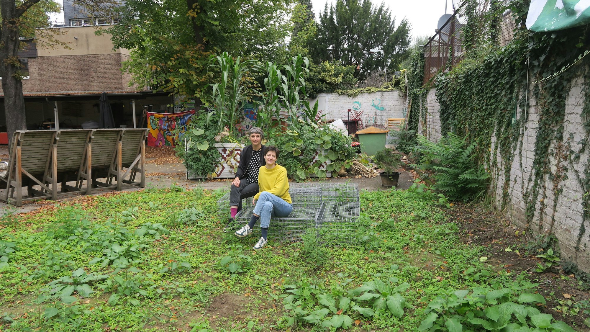 Zwei Frauen sitzen auf einem Hochbeet inmitten einer grünen Fläche.