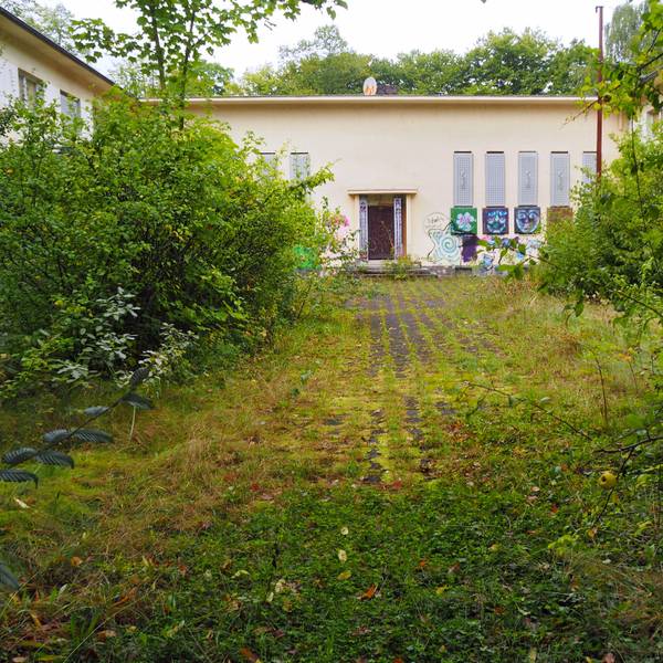 Ein beiges Gebäude mit Flachdach steht hinter Büschen und einer zugewucherten Asphaltfläche.
