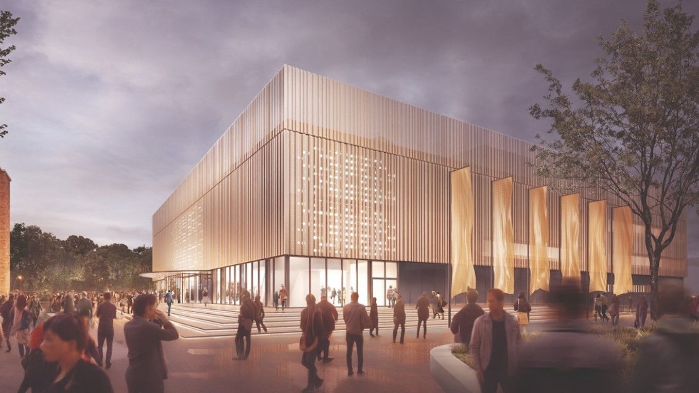 Die Visualisierung zeigt die Plaza vor dem geplanten „Theater am Rhein“ im Kölner Rheinpark.