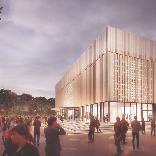 Die Visualisierung zeigt die Plaza vor dem geplanten „Theater am Rhein“ im Kölner Rheinpark.