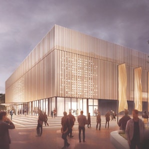 Die Visualisierung zeigt die Plaza vor dem geplanten „Theater am Rhein“ im Kölner Rheinpark.