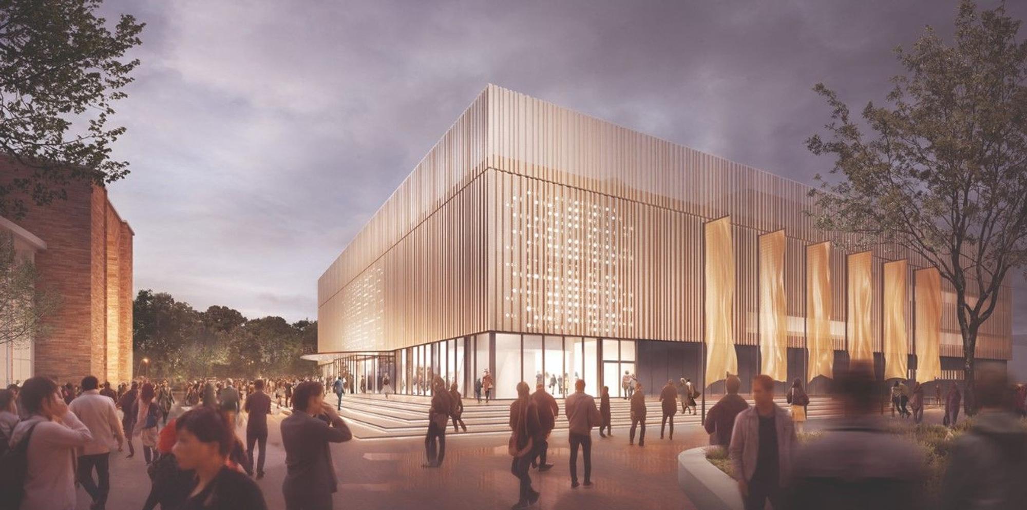 Die Visualisierung zeigt die Plaza vor dem geplanten „Theater am Rhein“ im Kölner Rheinpark.