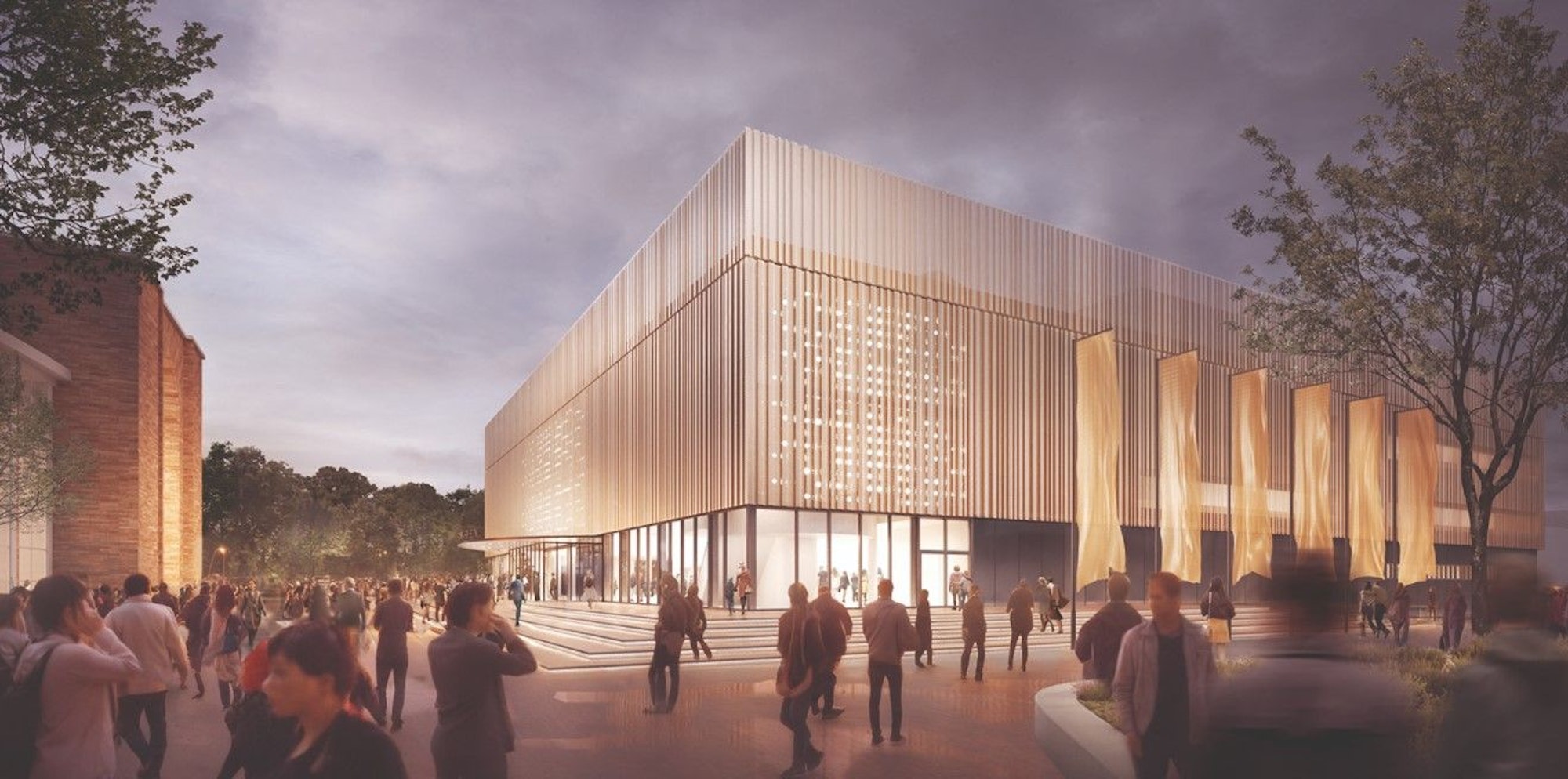 Die Visualisierung zeigt die Plaza vor dem geplanten „Theater am Rhein“ im Kölner Rheinpark.
