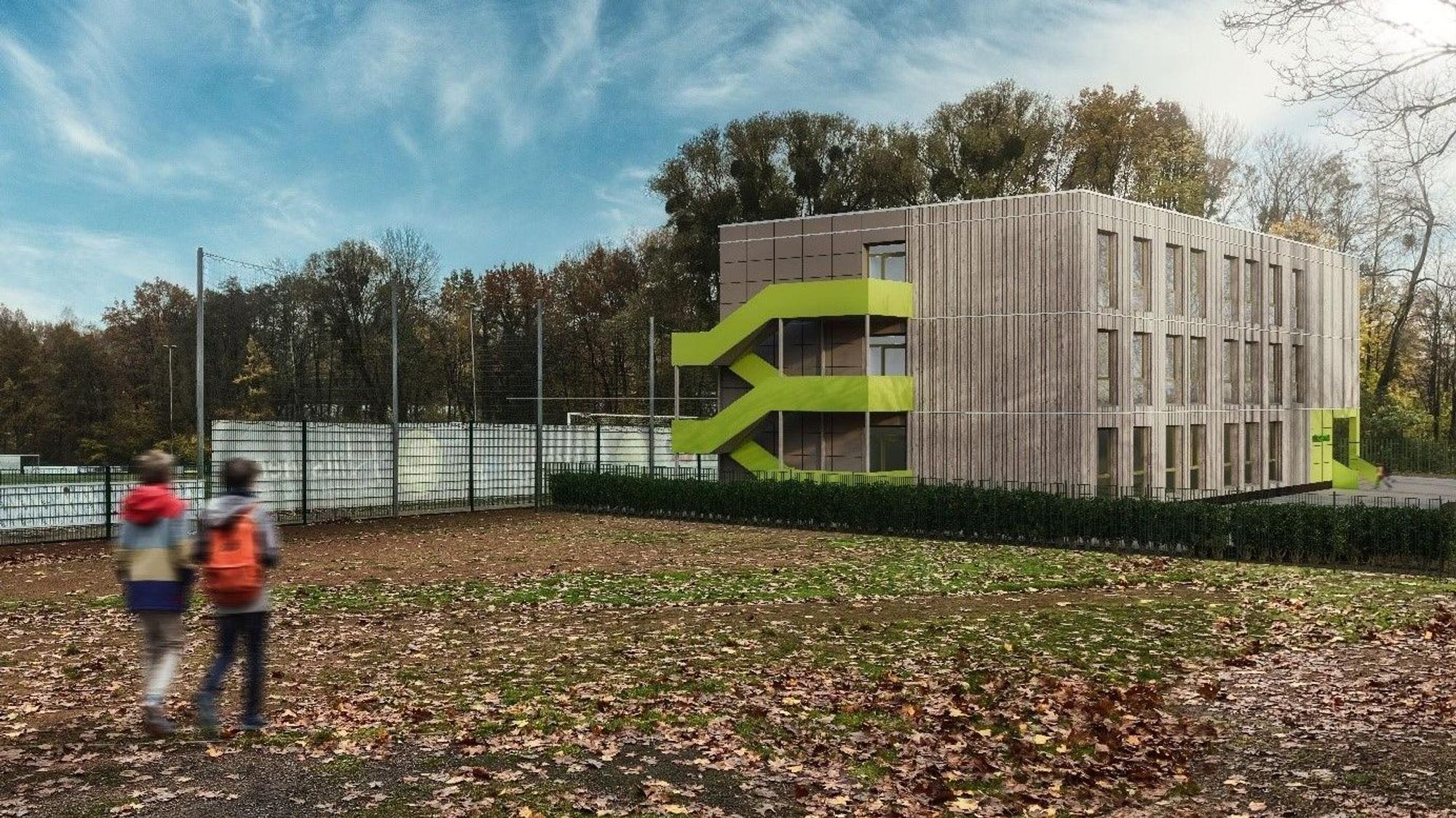 Eine Animation zeigt den dreistöckigen Bau aus Holz.