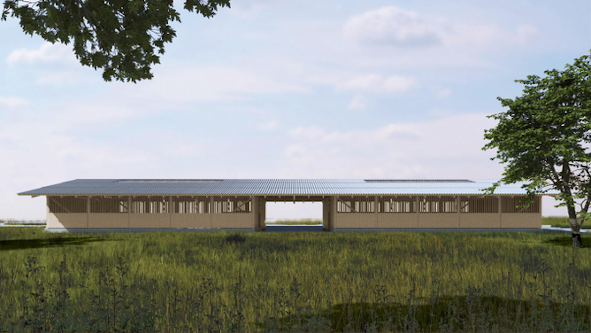 Das Bild zeigt die Visualisierung eines Tierstalls in Holzskelettbauweise.