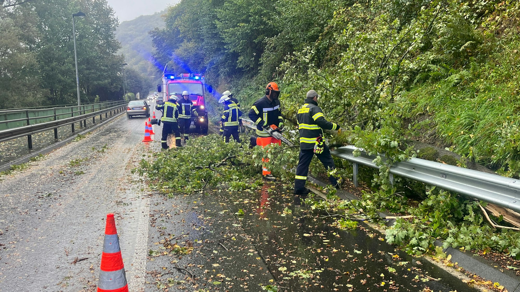 In Hennef-Dondorf war ein Baum auf die Straße gestürzt, die Feuerwehr beseitigte ihn.