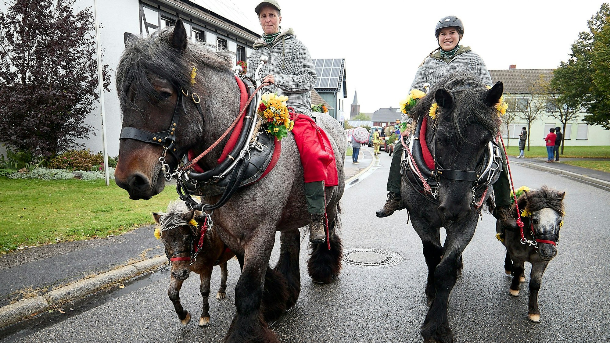 Zwei Reiterinnen sitzen auf großen Pferden. Daneben gehen Ponys.
