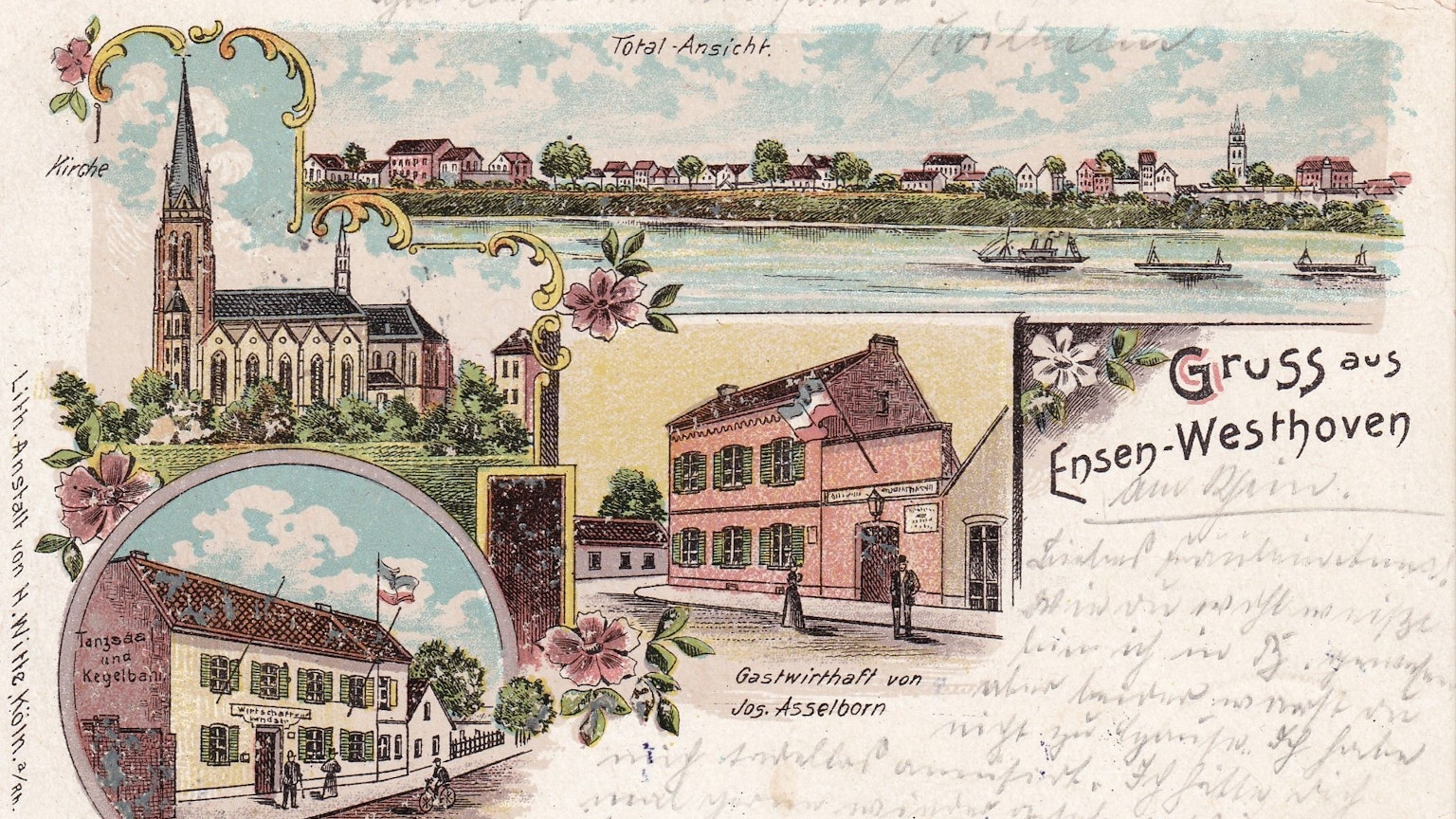 Eine alte Postkarte zeigt Ansichten von Ensen.