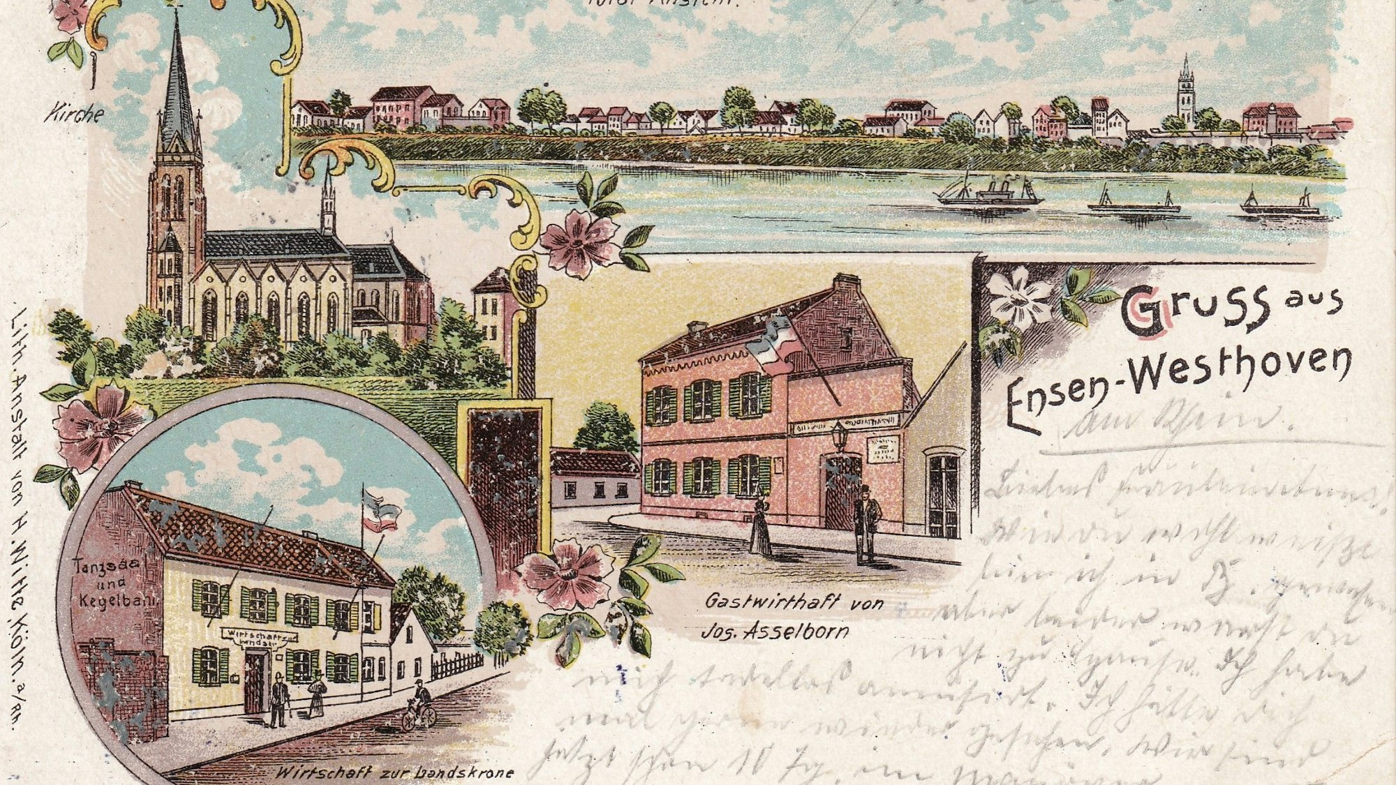 Eine alte Postkarte zeigt Ansichten von Ensen.