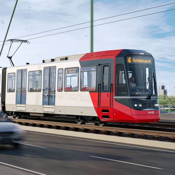 So sollen die neuen Hochflurbahnen der KVB aussehen, die beim Hersteller Stadler Deutschland in Auftrag gegeben sind.