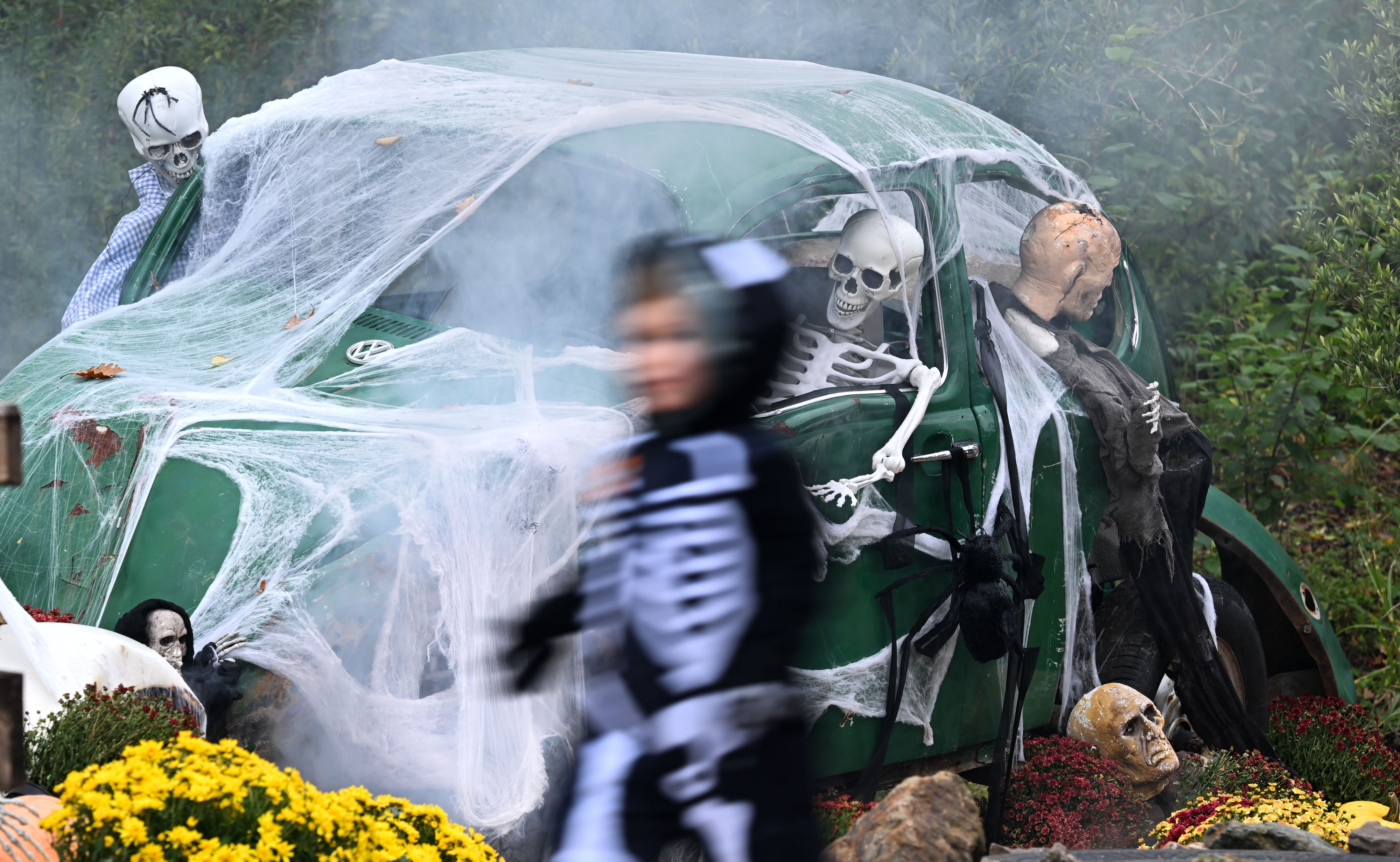 Ein Kind geht an einem zu Halloween mit Netz und Skeletten geschmückten alten VW Käfer vorbei. (Archivbild)
