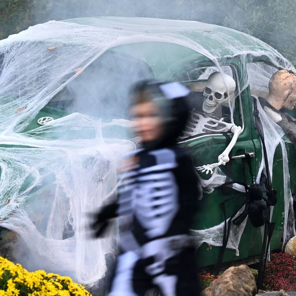 Ein Kind geht an einem zu Halloween mit Netz und Skeletten geschmückten alten VW Käfer vorbei. (Archivbild)