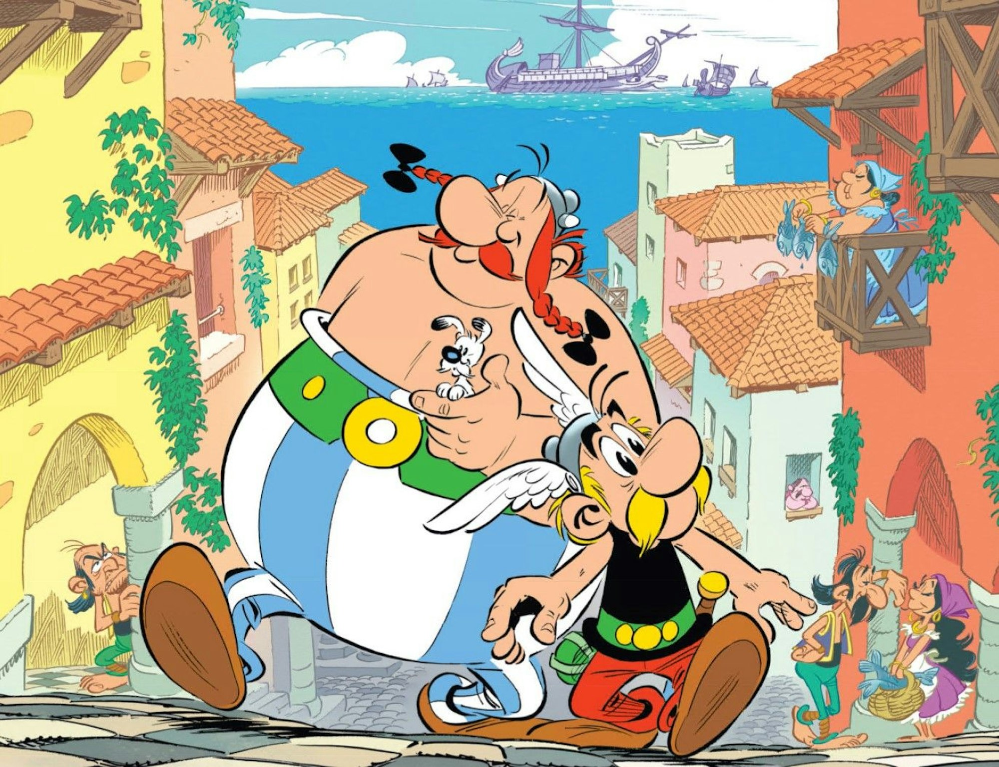 Unterwegs im warmen Süden: Asterix, Obelix und Idefix.