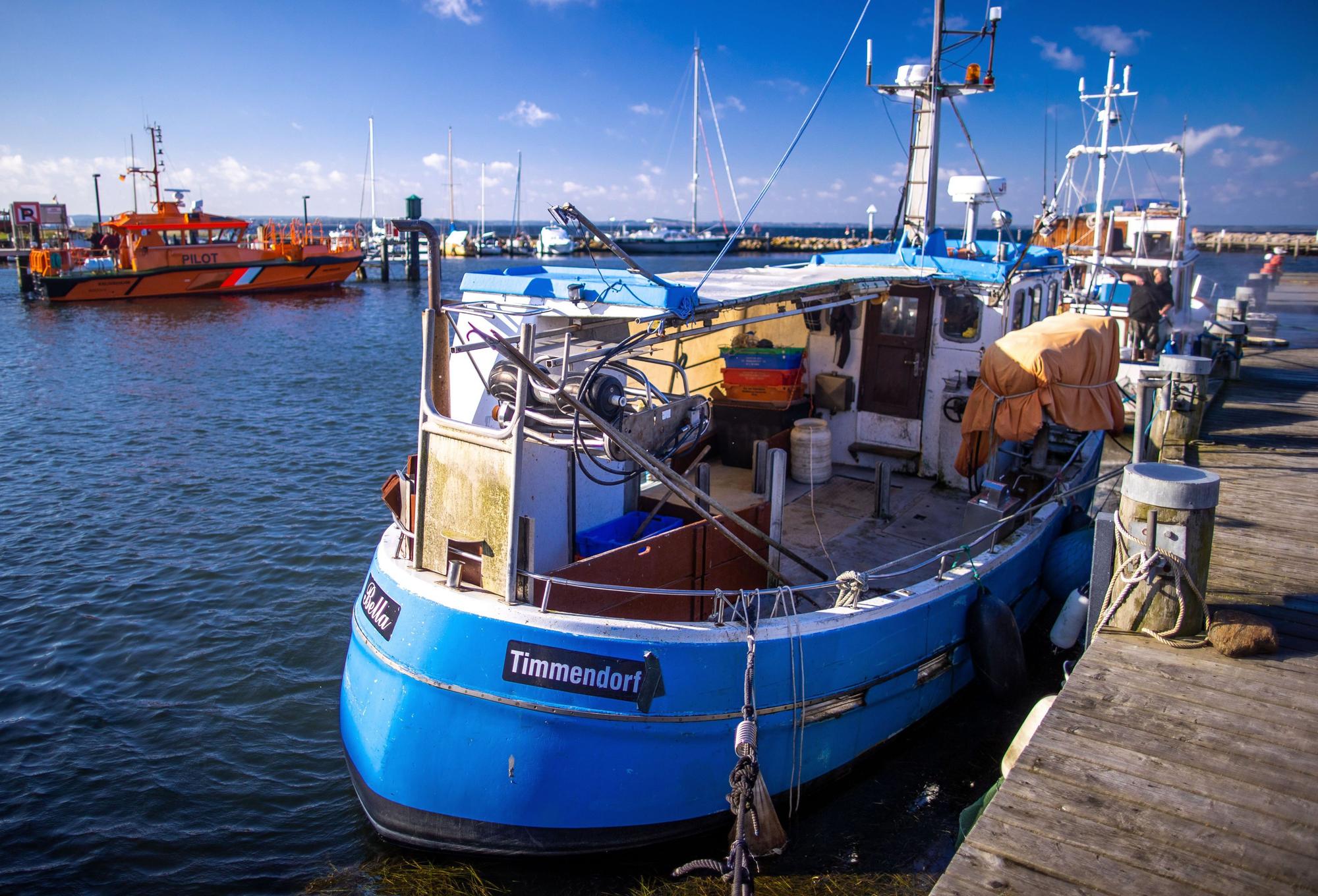 Ein Fischkutter im kleinen Hafen von Timmendorf auf der Ostseeinsel Poel. Dezimierte Fischbestände und sinkende Fangmengen verschärfen die Lage bei den deutschen Ostseefischern.