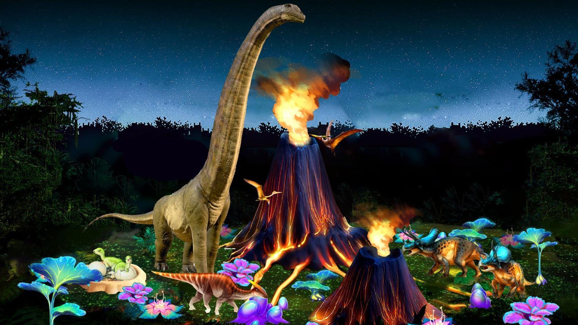 Die Dinos bekommen Gesellschaft aus Licht und werden in die Schau einbezogen.