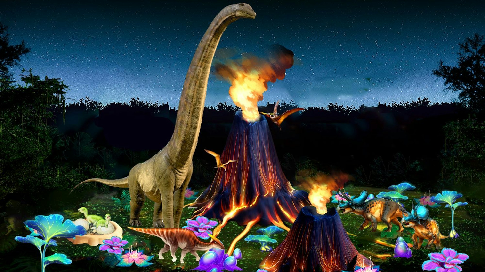 Die Dinos bekommen Gesellschaft aus Licht und werden in die Schau einbezogen.