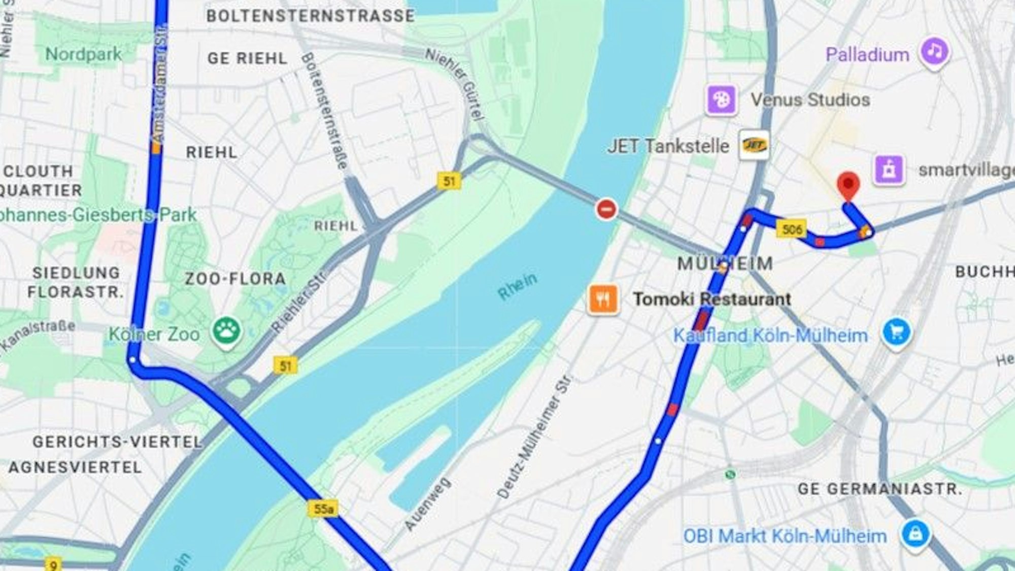 Von Riehl in die Keupstraße nach Mülheim: Google Maps zeigt die Sperrung der Mülheimer Brücke an und navigiert über die Zoobrücke. Ein ordentlicher Umweg.