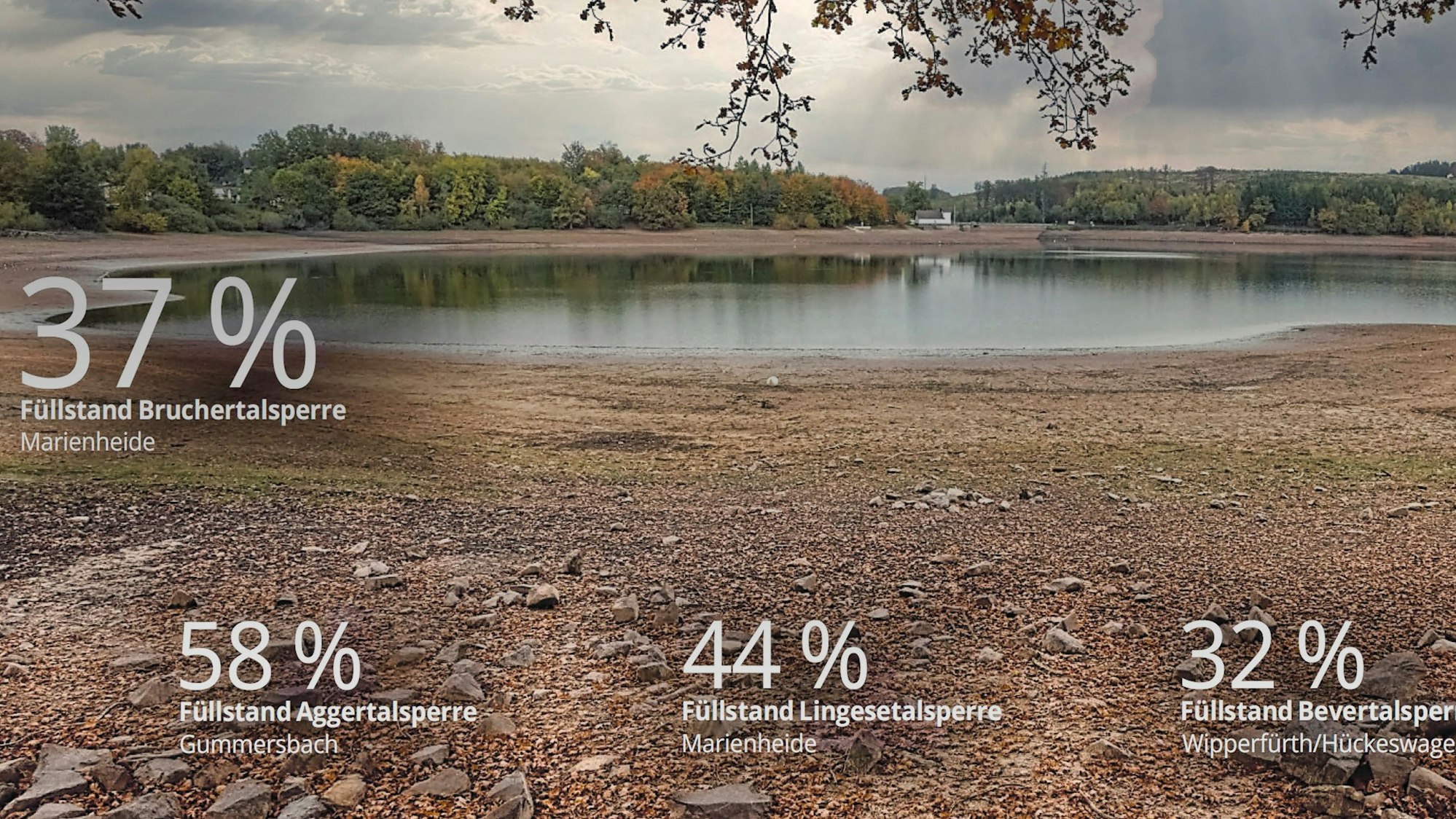 Zu sehen ist die Bruchertalsperre bei Niedrigwasser.