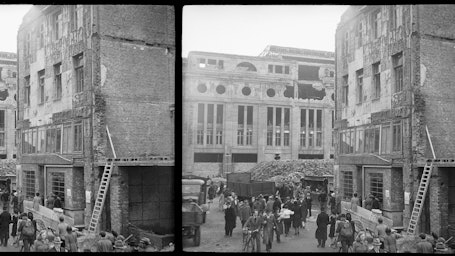 Diese Aufnahme aus der Sammlung Schnitkemper zeigt den Kaufhof in Köln vermutlich im Jahr 1947. Vorne am kleinen Gemüse- und Obststand wird fleißig eingekauft.