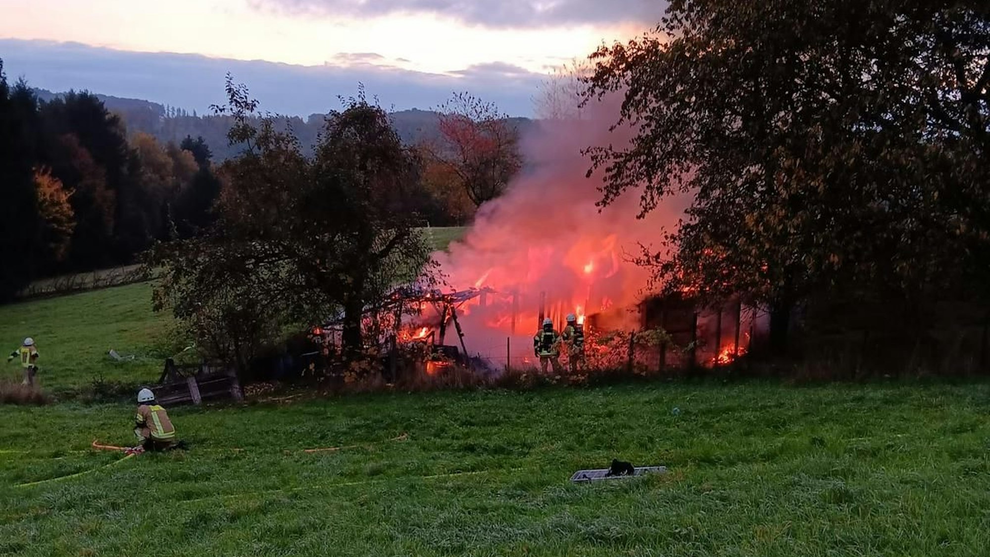 Auf einem Wald- und Wiesengrundstück brennen ein Unterstand, eine Hütte und eine angrenzende Obstwiese.