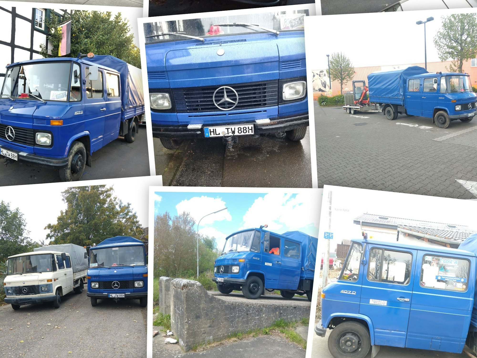 Eine Fotocollage zeigt mehrere Aufnahmen eines blauen Oldtimer-Lkw.