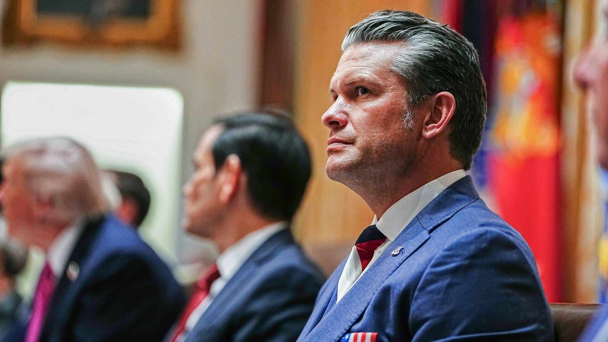 United States Secretary of War Pete Hegseth, listens as US President Donald J Trump participates in a Bilateral Lunch with the President of Ukraine Volodymyr Zelenskyy at the White House in Washington DC, on Friday, October 17, 2025. Copyright: xCNPx xMediaPunchx