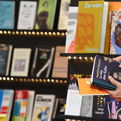 Eine Person hält Bücher in der Hand und steht vor einem Bücherregal.