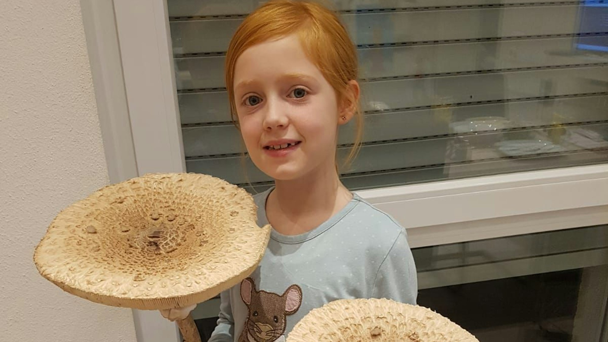 Zu sehen ist die neunjährige Nephele, die Pilze hält.
